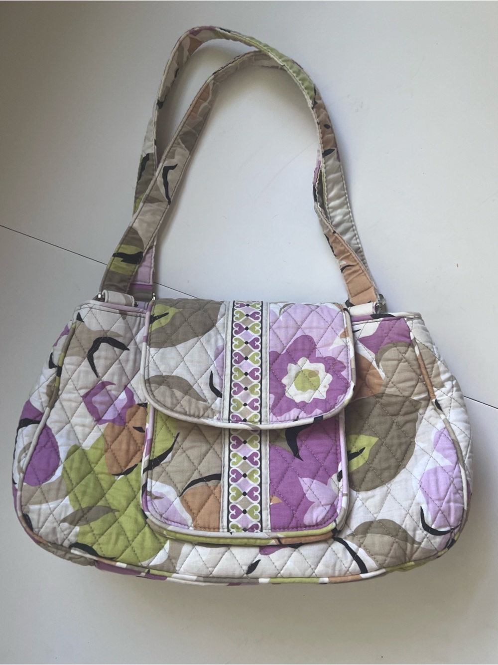 Vera Bradley Quilted Floral Shoulder Bag in Purple, Green, and Tan